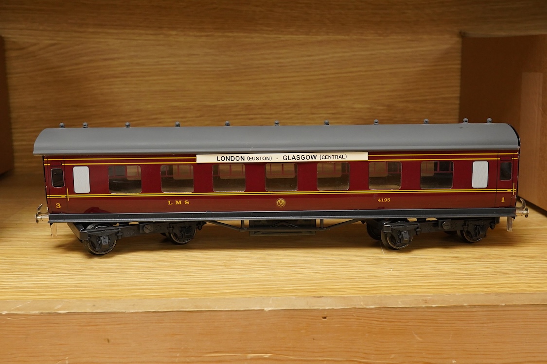 Four ACE Trains 0 gauge tinplate coaches; a boxed C/1 HRCA Brake Second, two boxed C/3 coach kits - a 3/3rd and a 3rd Brk., together with an unboxed LMS First Third composite